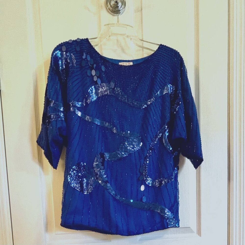 Vintage Blue Sequin Hand Embroidered top from China womens M